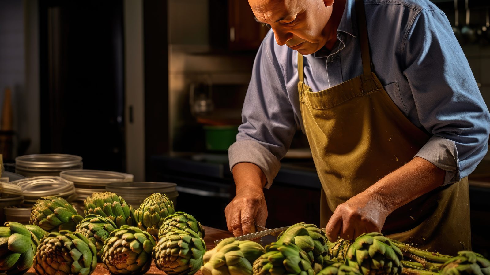 Chef trimming a fresh artichoke