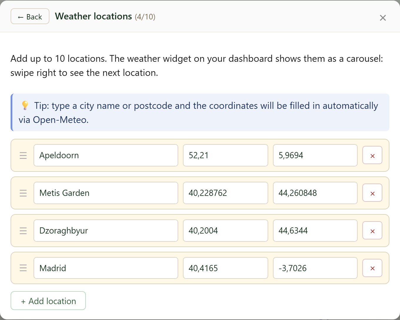 Weather locations (max. 10)