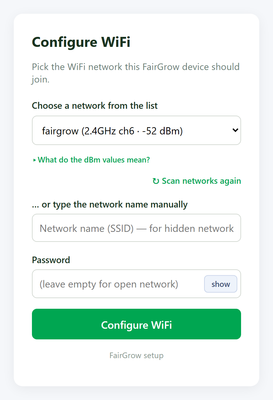 The FairGrow setup screen on a phone: choose your WiFi or type the name, enter the password and press Configure WiFi.