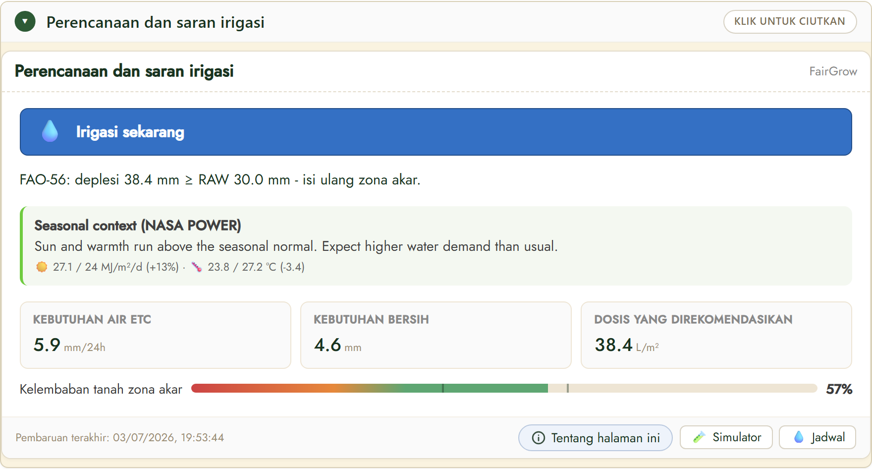 Perencanaan dan saran irigasi FairGrow